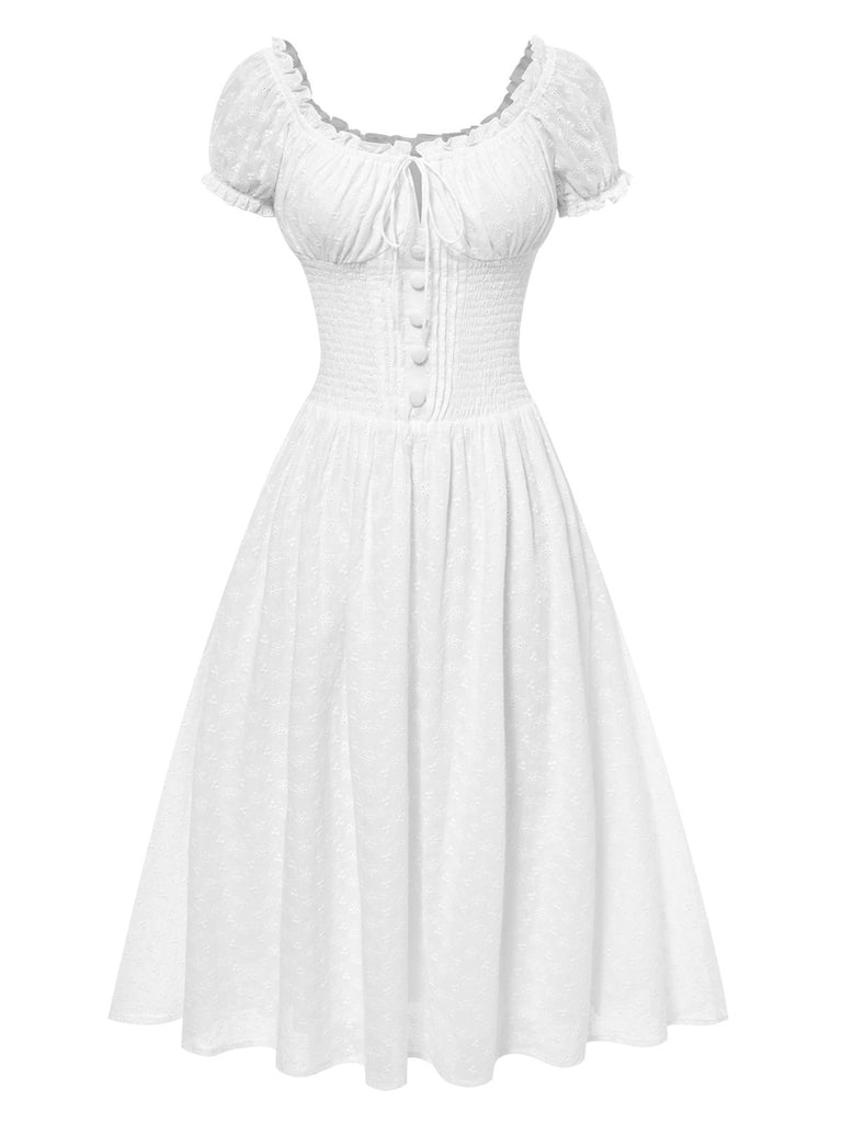 Retro Stage Embroidered Puff Sleeve Lace Midi Milkmaid Dress Wihte | 100% Cotton Fabric Retro Stage Embroidered Puff Sleeve Lace Midi Milkmaid Dress Wihte | 100% Cotton Fabric