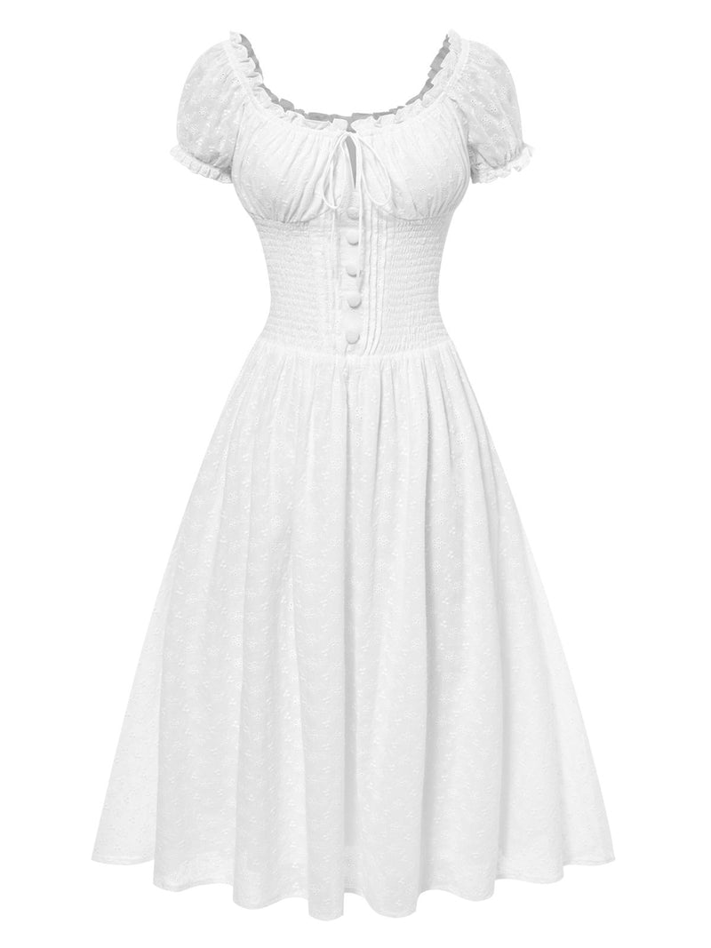 Retro Stage Embroidered Puff Sleeve Lace Midi Milkmaid Dress Wihte | 100% Cotton Fabric Retro Stage Embroidered Puff Sleeve Lace Midi Milkmaid Dress Wihte | 100% Cotton Fabric