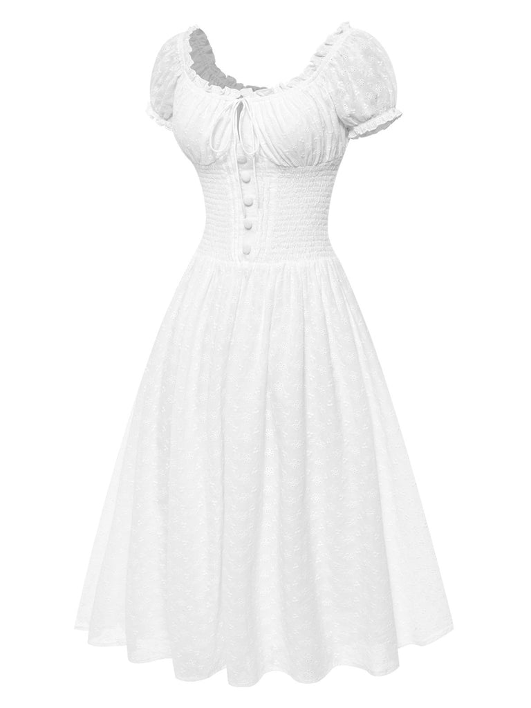 White 1940s Solid Cotton Embroidered Lace Dress, vintage dress, retro fashion, lace detail - perfect for women who love vintage and retro fashion