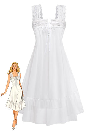 She slips into this White 1940s Solid Lace Patchwork Tie Front Dress and suddenly it's a 1940s daydream