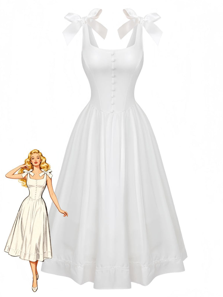 White 1940s Solid Lace-Up Button Dress - vintage dress, retro fashion, pure white