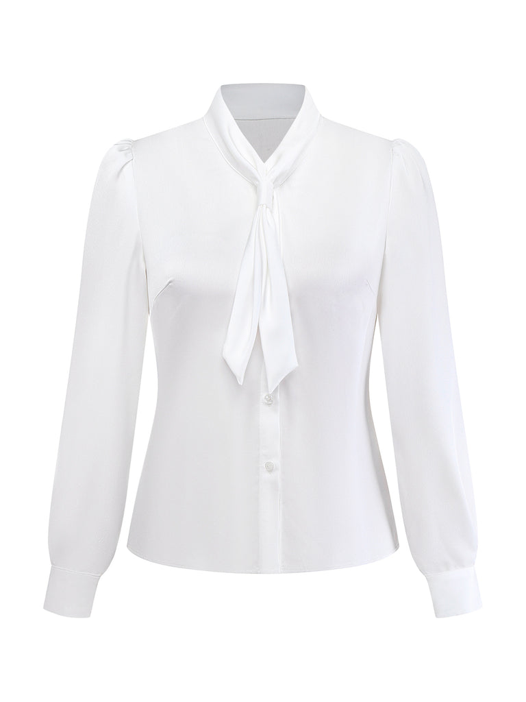 White 1940s Solid Tie Neck Satin Blouse - vintage fashion, retro style, pure white