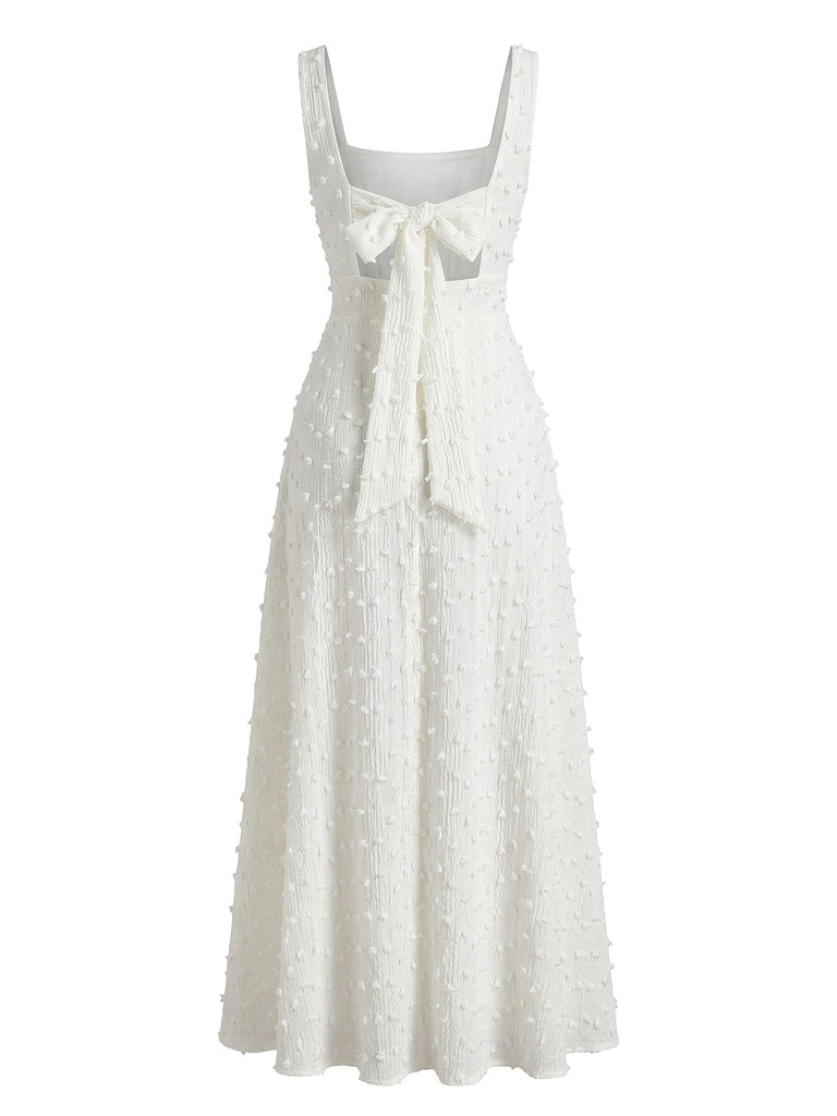 White 1940s Swiss Dot Square Neck Swing Dress 2