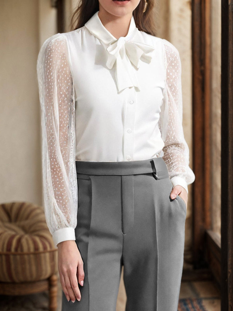 White 1940s Tie Neck Mesh Swiss Dots Blouse: a 1940s classic that whispers rather than shouts