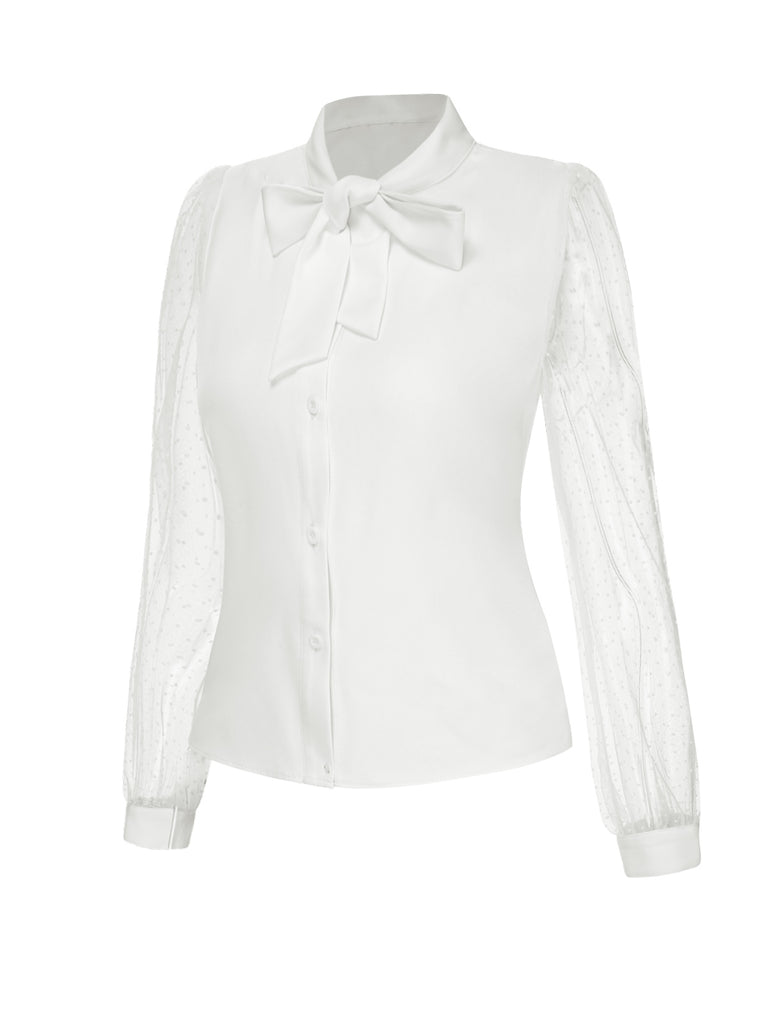 White 1940s Tie Neck Mesh Swiss Dots Blouse — 1940s elegance she can wear anywhere