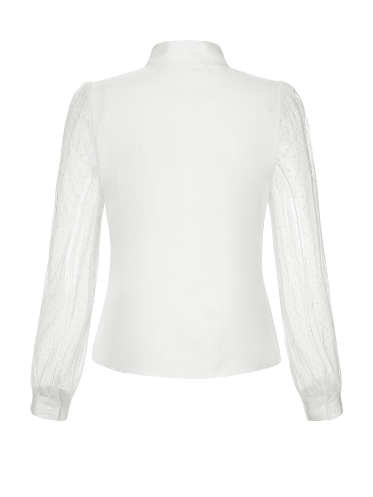 White 1940s Tie Neck Mesh Swiss Dots Blouse — 1940s jazz-age spirit for her morning coffee
