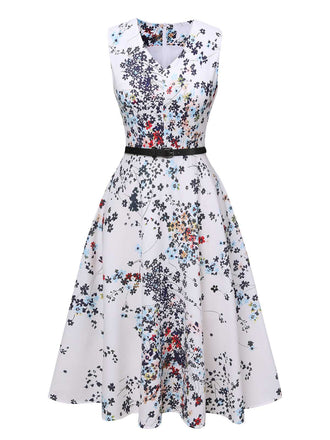 She slips into this White 1940s V-Neck Floral Belted Sleeveless Dress and suddenly it's a 1940s daydream