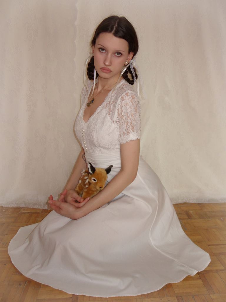 White 1940s V-Neck Lace Patchwork Dress - vintage dress, retro fashion, pure white