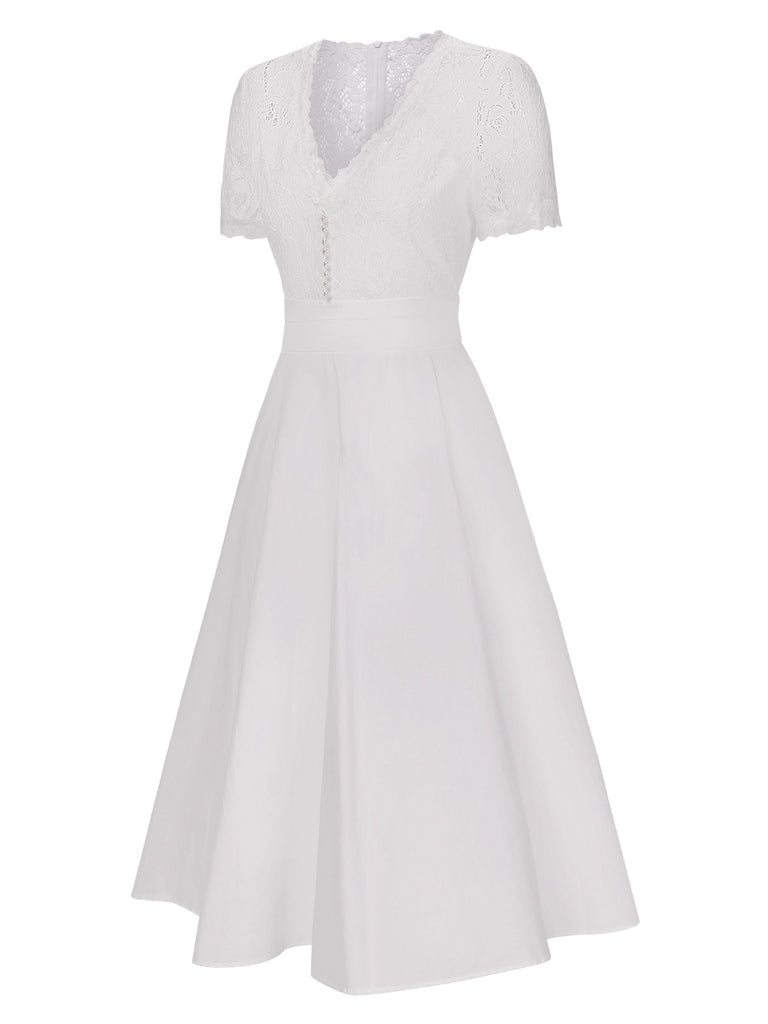 White Lace Dress V-Neck Patchwork Midi Dress | Womens | S-Large White Lace Dress V-Neck Patchwork Midi Dress | Womens | S-Large