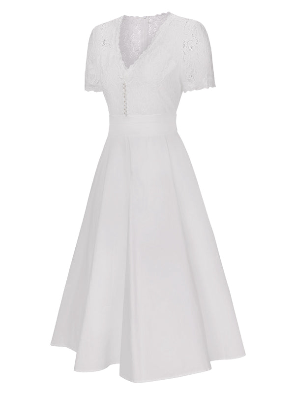 Retro Stage V-Neck Lace Patchwork Midi Dress White