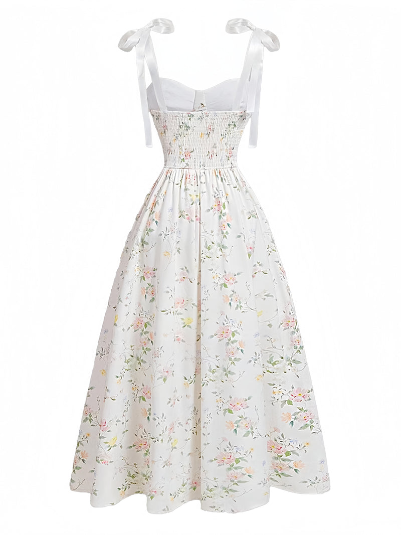 White 1940s Floral Shoulder-Tie Smocked Dress