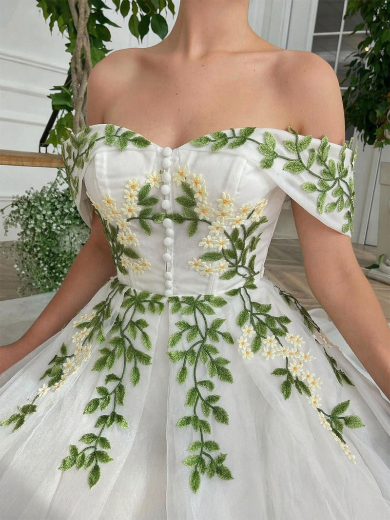 green vine wedding dress Vintage Off Shoulder Embroidered Floral Tulle A-Line Prom Cocktail Dress White Width:M/W Cowboy Boots combined with HL23 Back Concealed Zipper Length