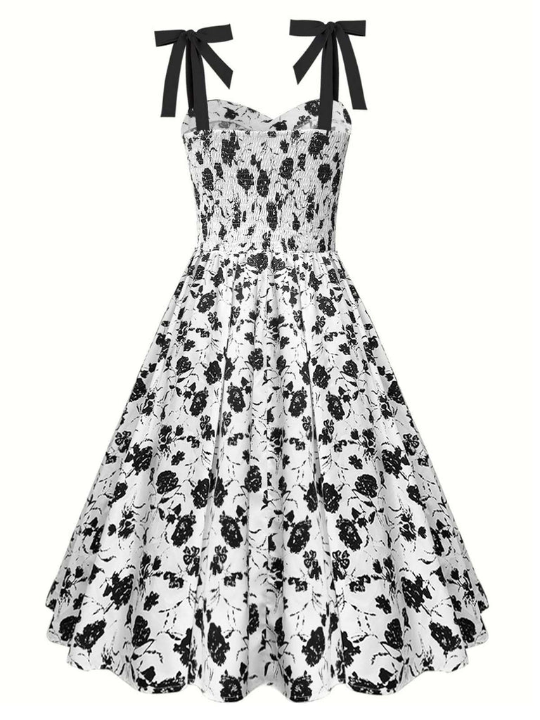 White 1950s Black Flowers Tie-Up Dress | Retro Stage White 1950s Black Flowers Tie-Up Dress | Retro Stage
