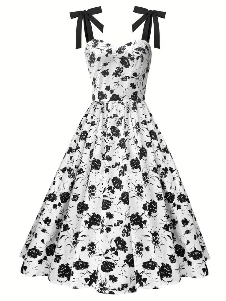 White 1950s Black Flowers Tie-Up Dress | Retro Stage White 1950s Black Flowers Tie-Up Dress | Retro Stage