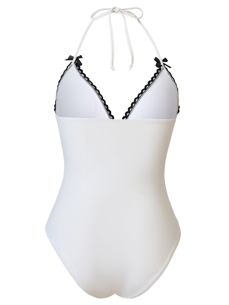 White 1950s Bow Lace-Up Halter Swimsuit: 1950s Riviera elegance, reimagined for her