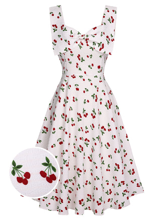 White 1950s Cherry Bow Sweetheart Neck Dress, vintage dress, retro fashion, rockabilly, pin-up fashion - perfect for women who love vintage and retro fashion