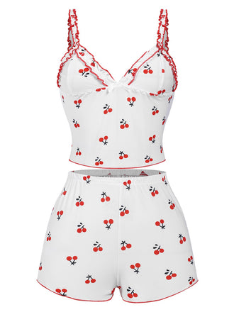 White 1950s Cherry Navel Straps Pajamas, vintage pajamas, retro nightwear - perfect for women who love vintage and retro fashion