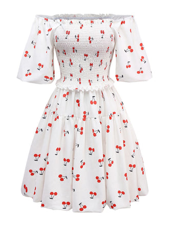 White 1950s Cherry Puff Sleeve Smocked Dress - vintage dress, retro fashion, rockabilly