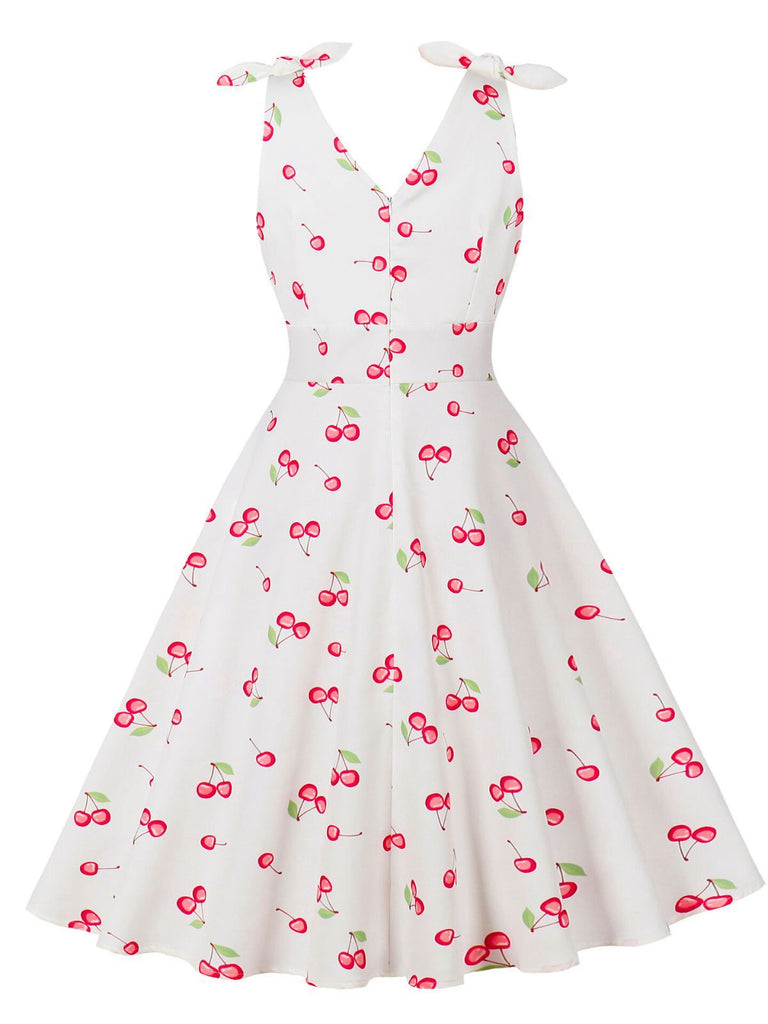 White 1950s Cherry Sleeveless V-Neck Dress - vintage dress, retro fashion, rockabilly