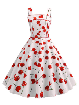 She slips into this White 1950s Cherry Wide Straps Dress and suddenly it's a 1950s daydream