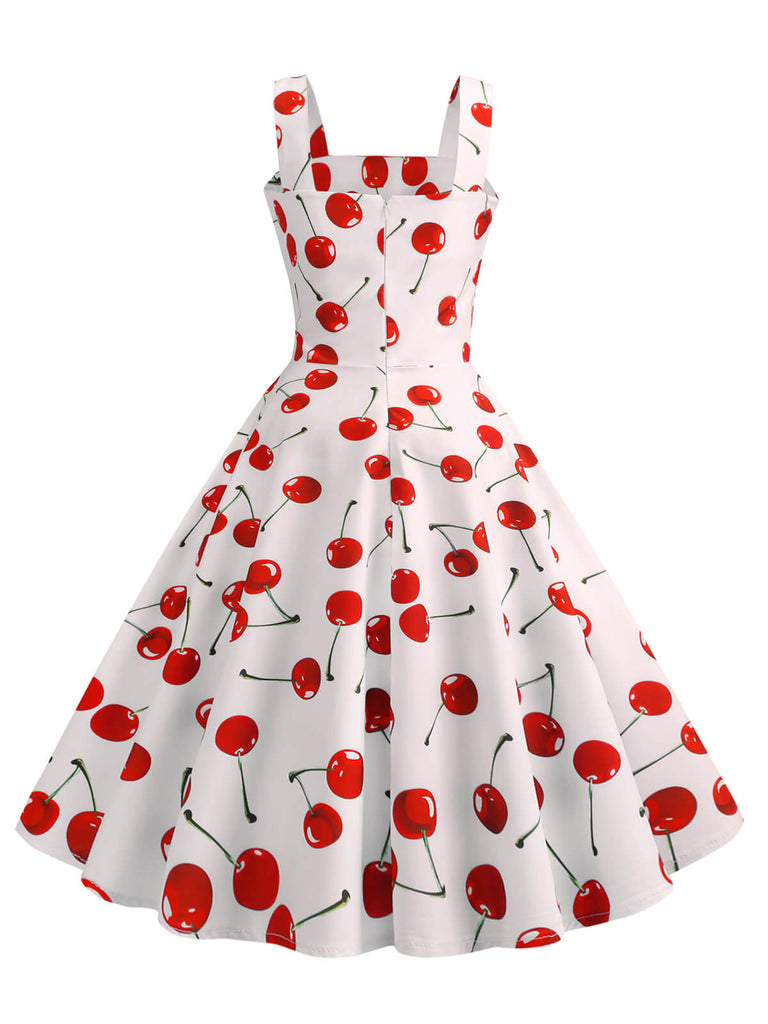 This White 1950s Cherry Wide Straps Dress wraps her in 1950s elegance, one twirl at a time