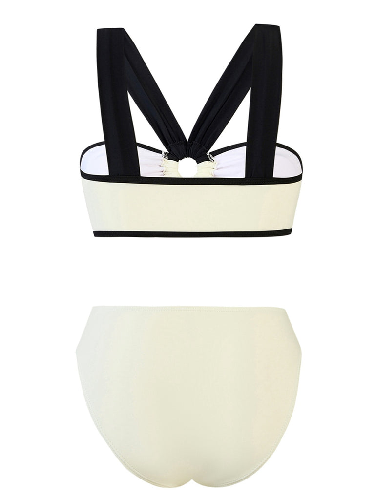 White 1950s Colorblock Wide-Straps Swimsuit: 1950s Riviera elegance, reimagined for her