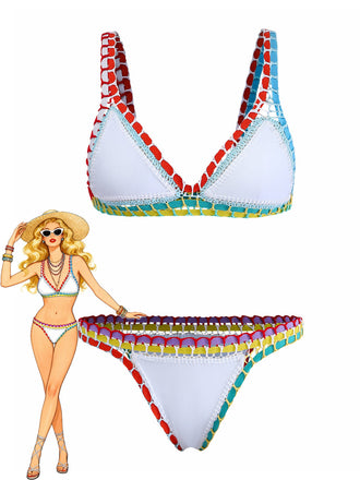 White 1950s Colorful Knit Halter Bikini Set - vintage fashion, retro style, pure white