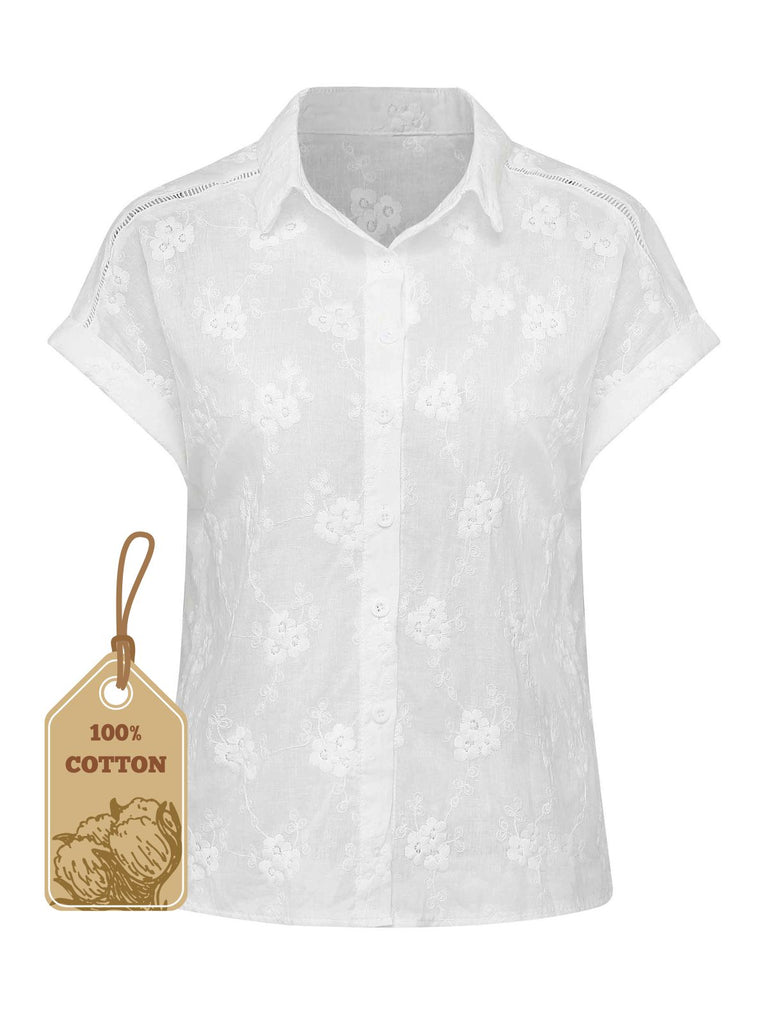 White 1950s Cotton Embroidery Flower Lapel Blouse - vintage fashion, retro style, pure white