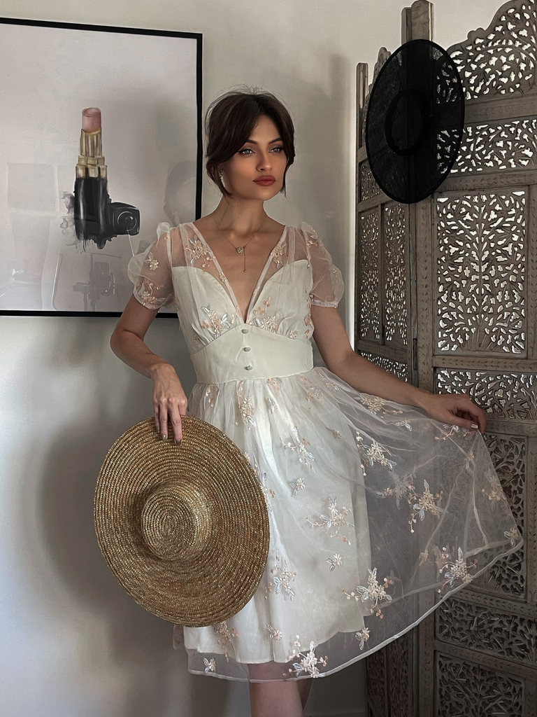 White 1950s Deep V-Neck Embroidered Floral Dress White 1950s Deep V-Neck Embroidered Floral Dress