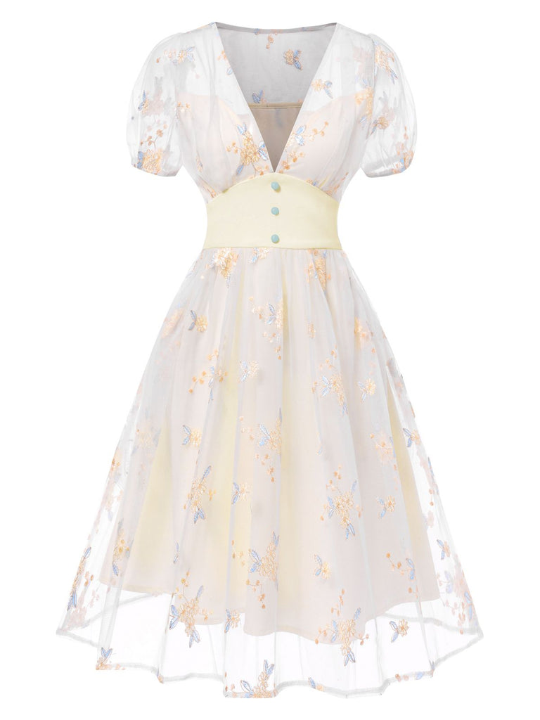 Vintage Pastel Floral Embroidery A-Line Cocktail Dress