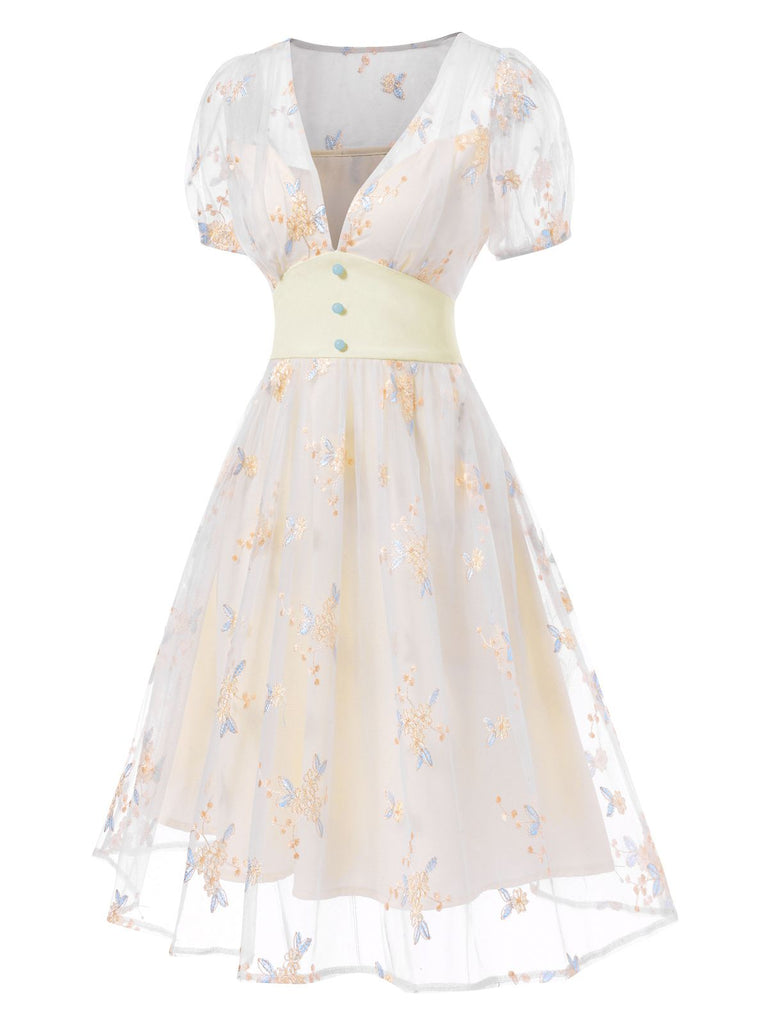 Vintage Pastel Floral Embroidery A-Line Cocktail Dress