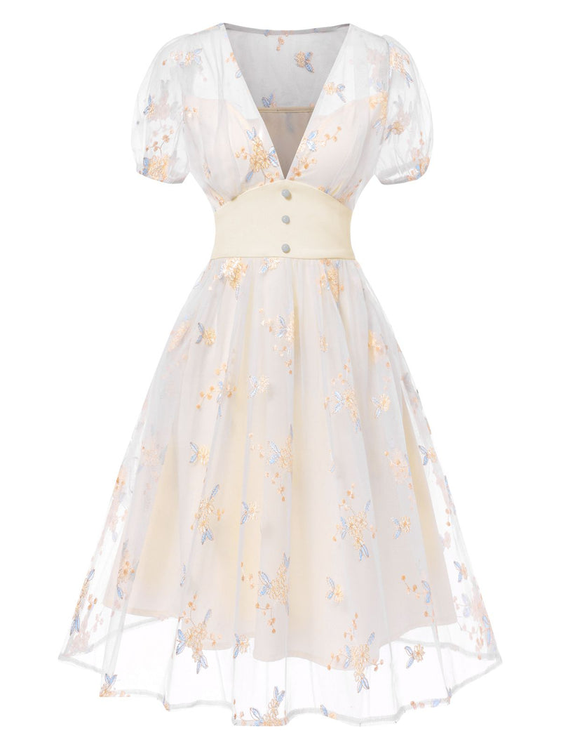 Vintage Pastel Floral Embroidery A-Line Cocktail Dress | Corset Waist V-Neck Mesh Mini Dress