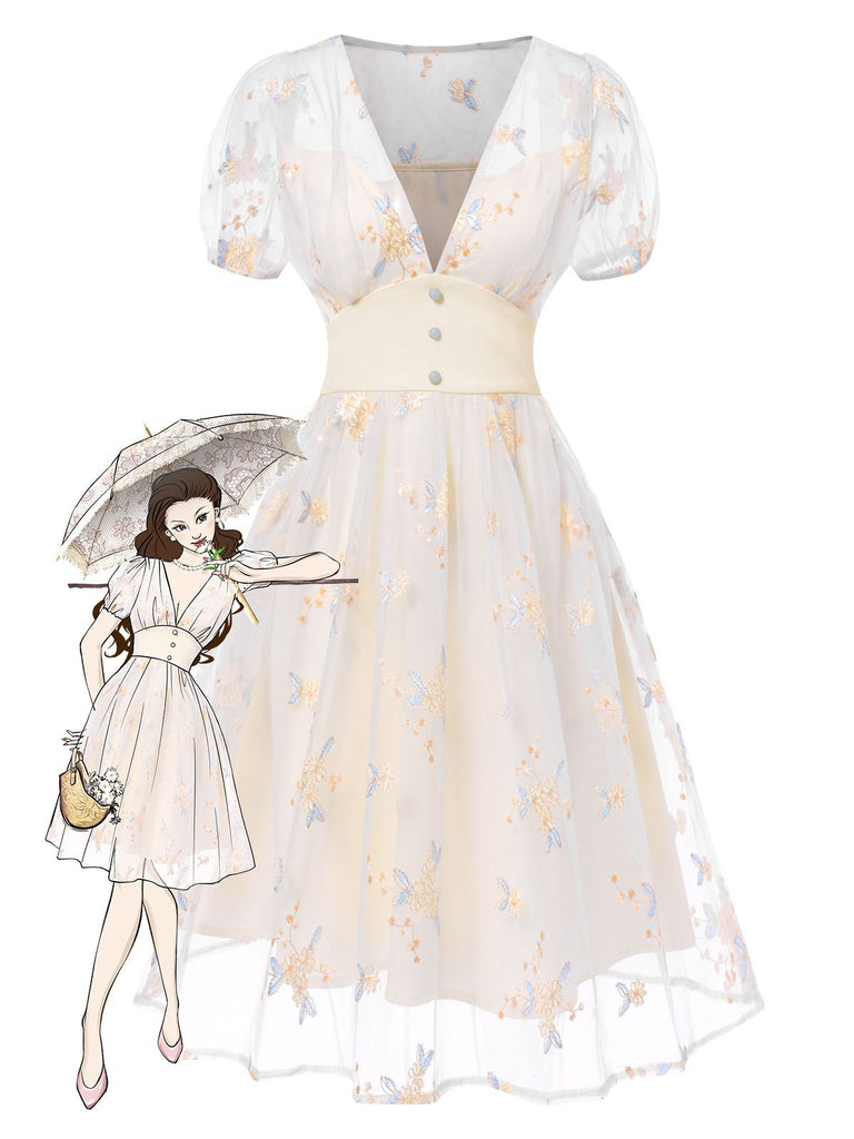 White 1950s Deep V-Neck Embroidered Floral Dress: where 1950s romance meets her modern spirit