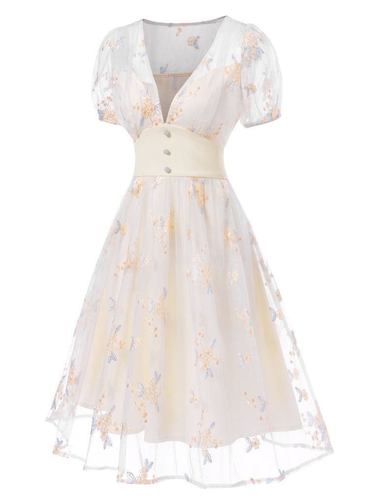 Vintage Pastel Floral Embroidery A-Line Cocktail Dress | Corset Waist V-Neck Mesh Mini Dress Vintage Pastel Floral Embroidery A-Line Cocktail Dress | Corset Waist V-Neck Mesh Mini Dress