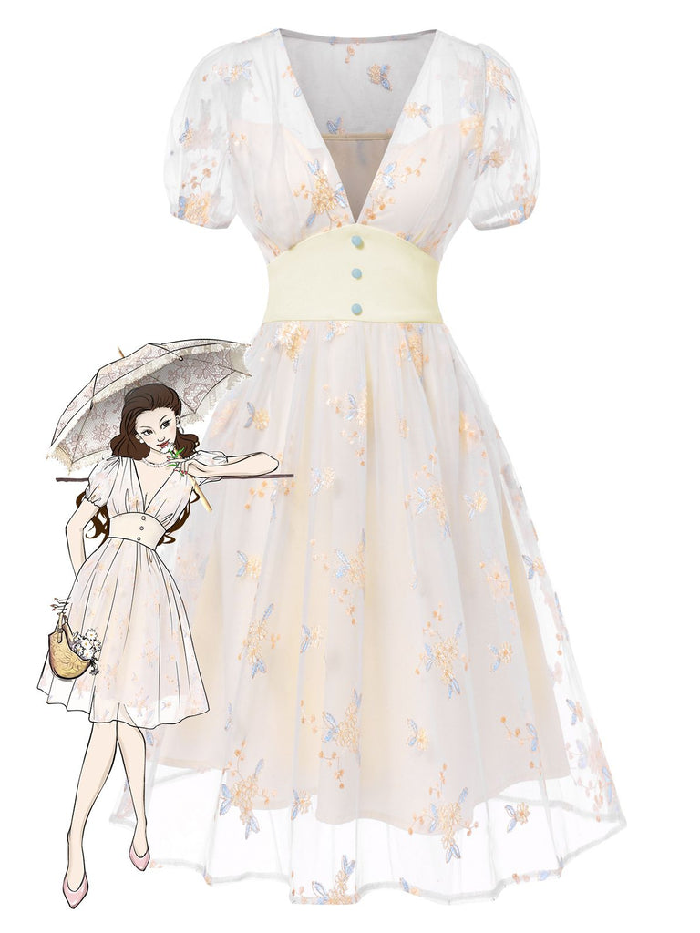 White 1950s Deep V-Neck Embroidered Floral Dress | Retro Stage