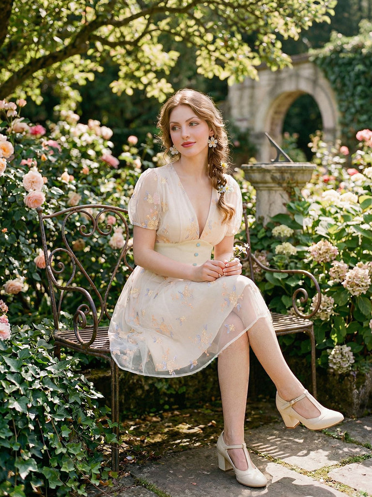Vintage Pastel Floral Embroidery A-Line Cocktail Dress