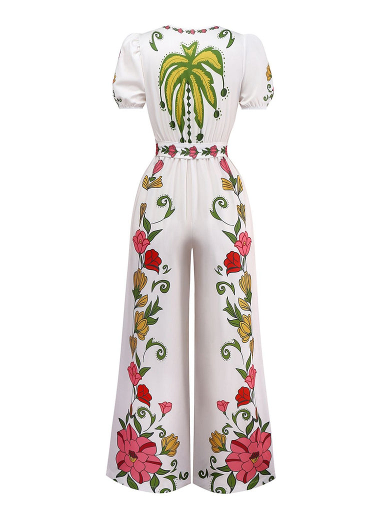 White 1950s Deep V-Neck Floral Belted Jumpsuit - vintage jumpsuit, retro fashion, pure white