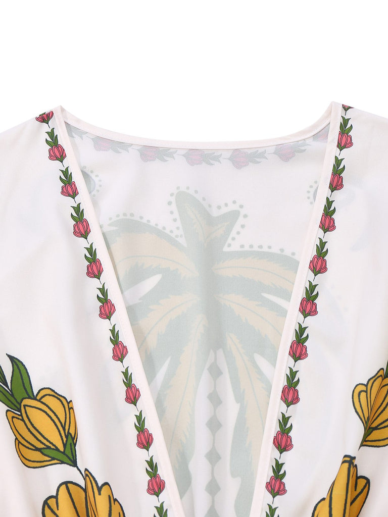 White 1950s Deep V-Neck Floral Belted Jumpsuit - vintage jumpsuit, retro fashion, pure white