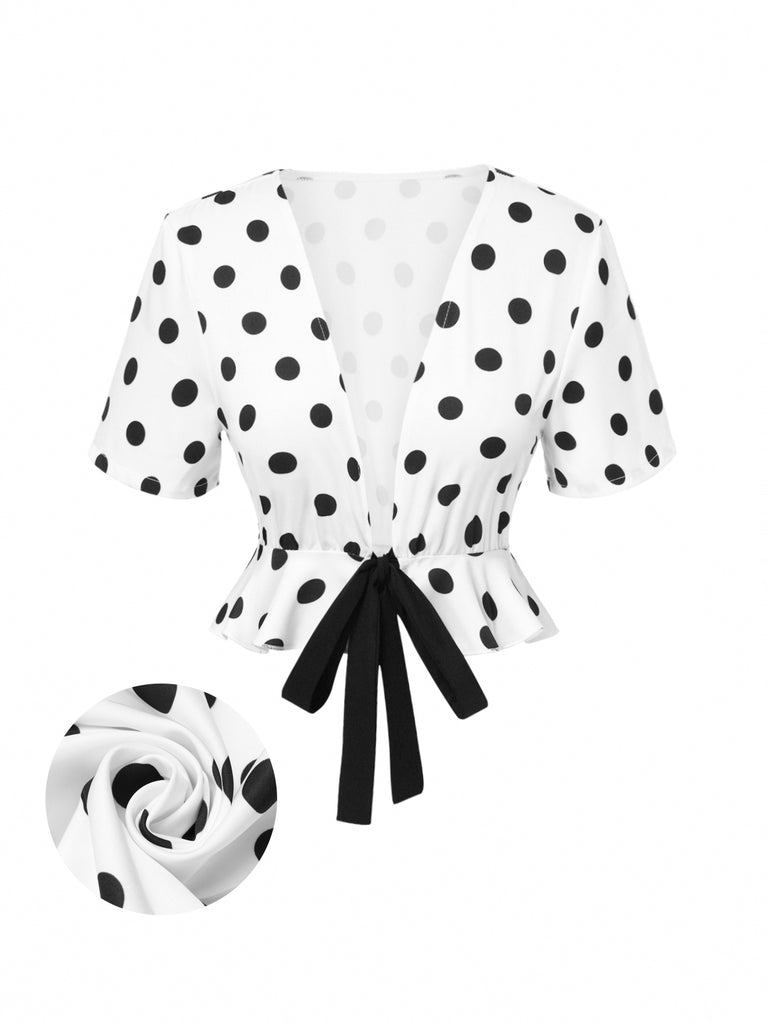 White 1950s Deep V-Neck Polka Dots Top - vintage fashion, retro style, pure white