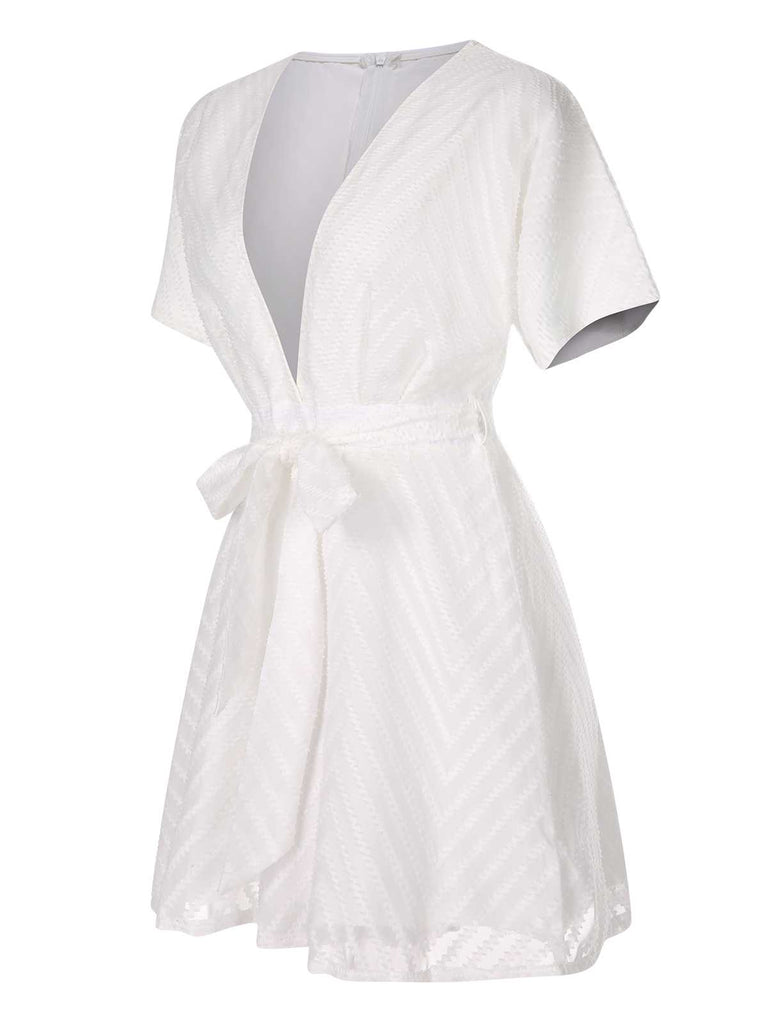 This White 1950s Deep V-Neck Textured Belted Romper carries 1950s stories waiting to be told
