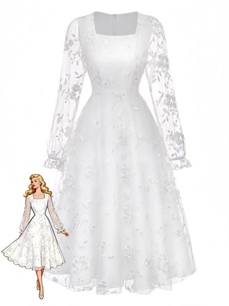 White 1950s Floral Embroidered Lace Square Neck Dress - vintage dress, retro fashion, elegant style for vintage lovers