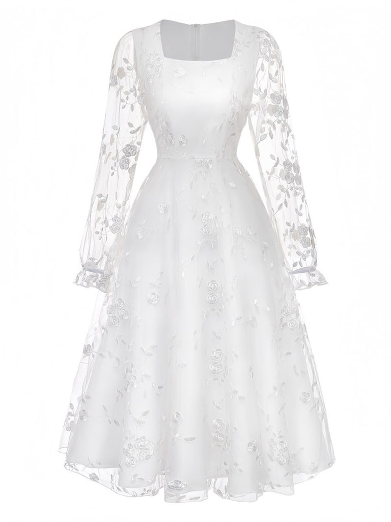 vintage white dress Bridal Shower Vintage 1940s / 1950s Little White Dresses Wedding Dresses 3/4 Sleeves V Neck Bridal Gown QW2368 US16 / Ivory