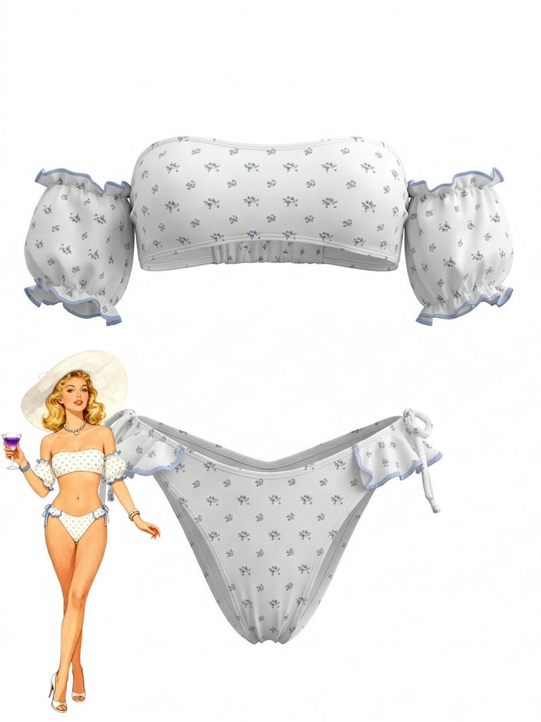 Elegant White Vintage Floral Ruffle Swimsuit 1