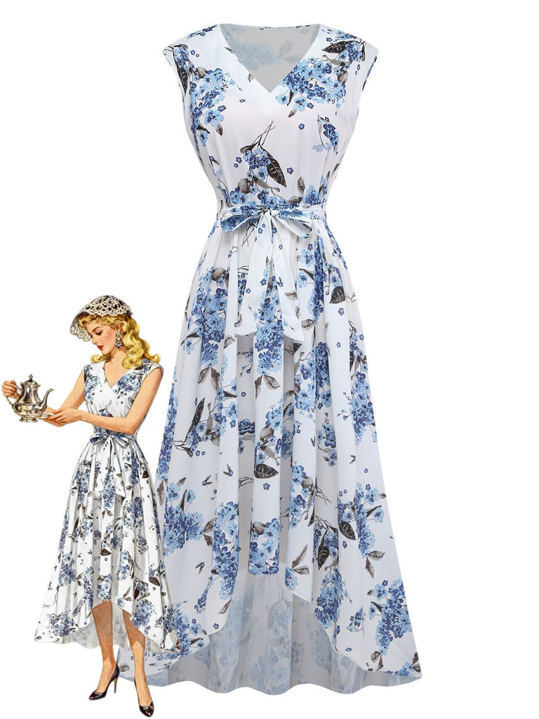 White 1950s Floral V-Neck Sleeveless Belted High-Low Dress