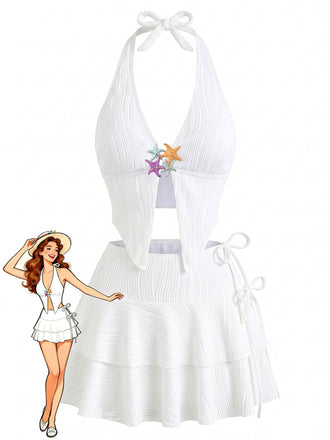 White 1950s Halter 3 Piece Tankini 2
