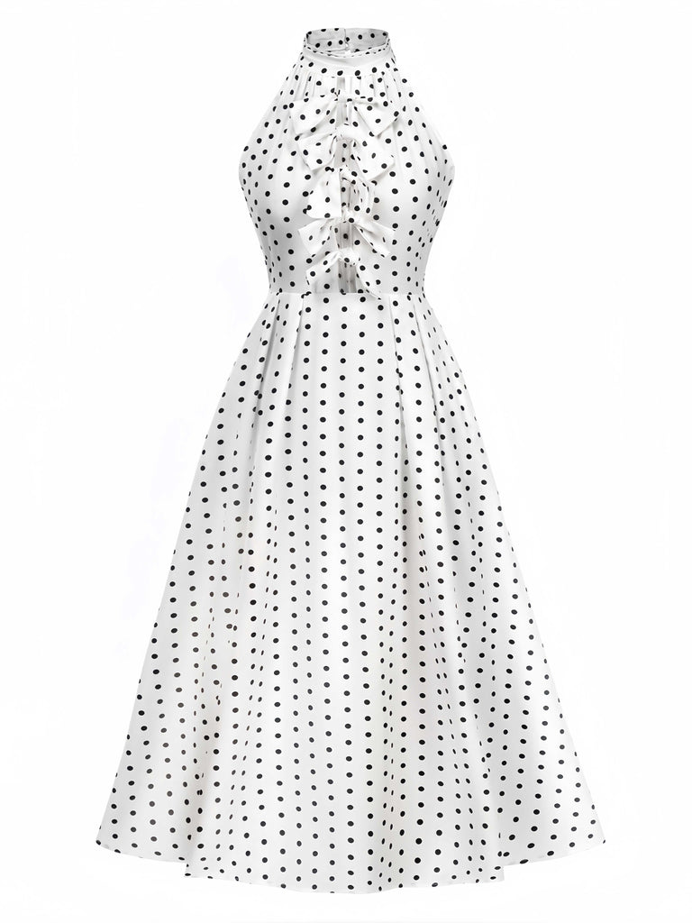 She slips into this White 1950s Halter Polka Dots Bow Dress and suddenly it's a 1950s daydream