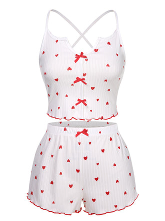 White 1950s Heart Spaghetti Straps Pajamas, vintage pajamas, retro nightwear - perfect for women who love vintage and retro fashion