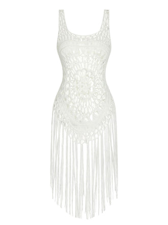 White 1950s Knitted Tassel Hollow Cover-Up, vintage fashion, retro style - perfect for women who love vintage and retro fashion