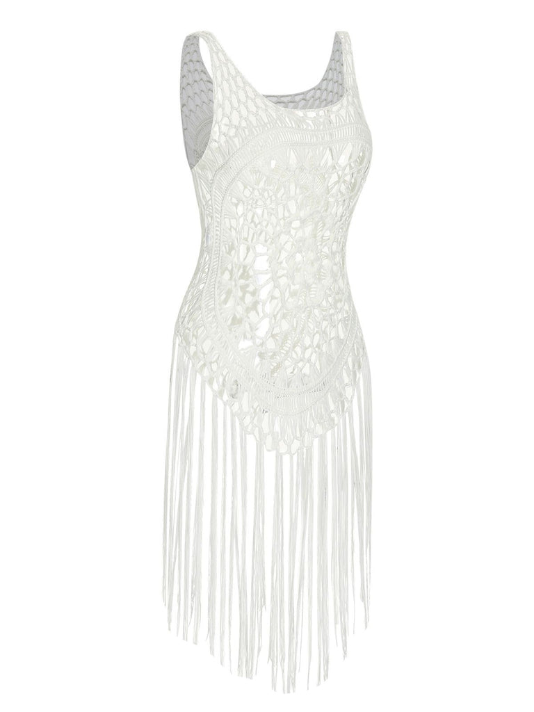 White 1950s Knitted Tassel Hollow Cover-Up, vintage fashion, retro style - perfect for women who love vintage and retro fashion