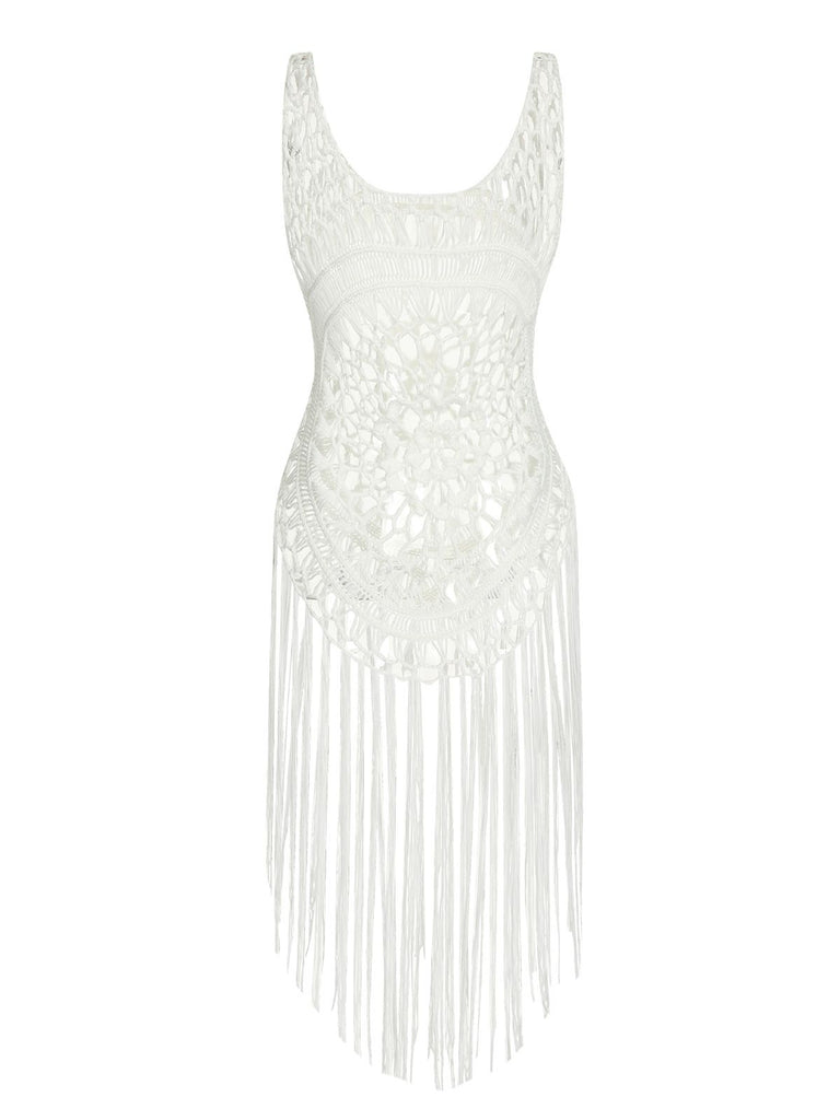 White 1950s Knitted Tassel Hollow Cover-Up, vintage fashion, retro style - perfect for women who love vintage and retro fashion